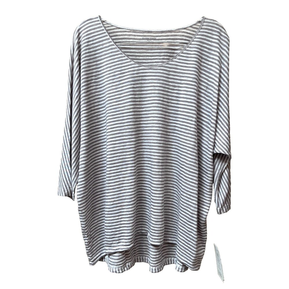 Eileen Fisher sz XL NEW Linen Jersey Stripe Silver Gray White Rounded V Top NWT
